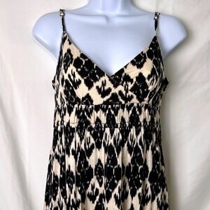 LOFT Womens Maxi Dress Size M Black Cream Ikat Print Resort Wear Vacation Summer